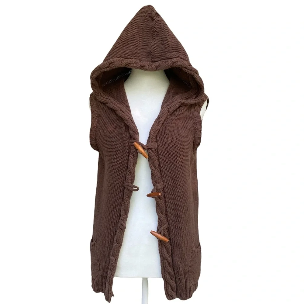 Dressbarn Y2K Brown Cable Knit Hooded Cotton Sweater Vest - Picture 2 of 12